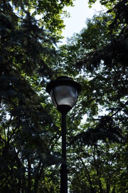 Ağaç kaplamalarının arka planında bahçe feneri. Işıklı fener. Arkaplan, tasarım.