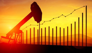 petrol pompa Vale günbatımı gökyüzü arka plan üzerinde 3D Illustration. Petrol fiyatları büyüyen kavramı