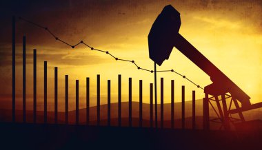 petrol pompa Vale Finansal analizi ile günbatımı gökyüzü arka plan üzerinde 3D Illustration. Düşen petrol fiyatları kavramı