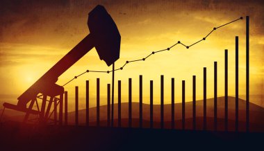 petrol pompa Vale günbatımı gökyüzü arka plan üzerinde 3D Illustration. Petrol fiyatları büyüyen kavramı