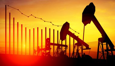petrol pompa Vale Finansal analizi ile günbatımı gökyüzü arka plan üzerinde 3D Illustration. Düşen petrol fiyatları kavramı