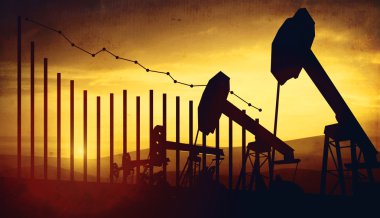petrol pompa Vale Finansal analizi ile günbatımı gökyüzü arka plan üzerinde 3D Illustration. Düşen petrol fiyatları kavramı