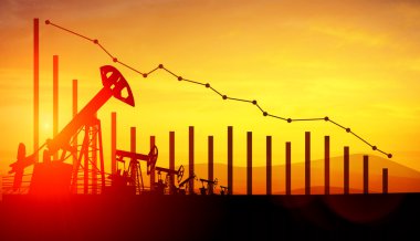 petrol pompa Vale Finansal analizi ile günbatımı gökyüzü arka plan üzerinde 3D Illustration. Düşen petrol fiyatları kavramı