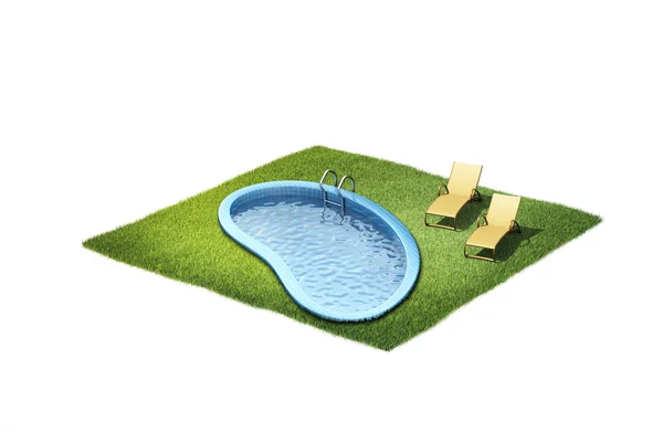 3d illustration of two loungers and water pool — Stock Photo, Image