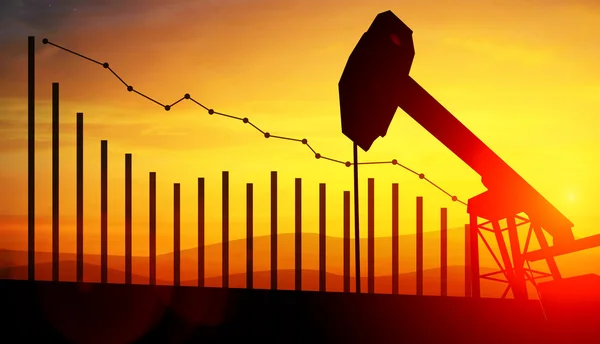 石油泵千斤顶上的夕阳的天空背景与金融分析的三维图。石油价格的下跌的概念 — 图库照片