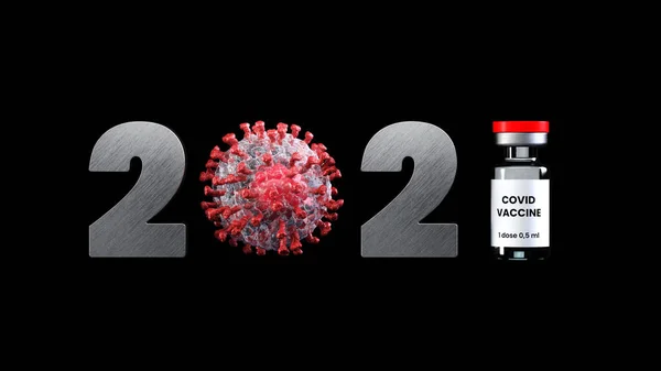 3D-illustration av Gott Nytt År 2021 nummer med Coronavirus COVID-19 tecken Stockfoto