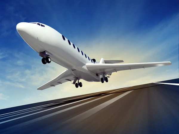 Samolot pasażerski mucha na pas startowy — Zdjęcie stockowe