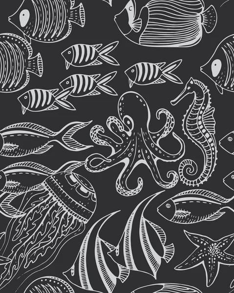 Vector monochrome seamless sea pattern with tropical fishes Stock Illustration