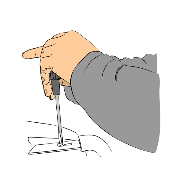 Zwei Hände mit einem Schraubenzieher drehen die Schraube. — Stockvektor