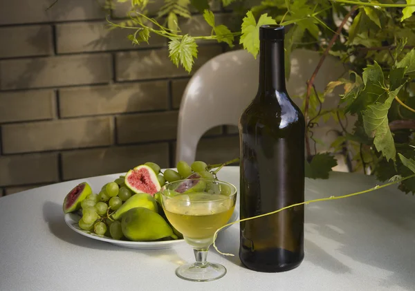 Still life - wine,grapes and figs outdoors. — Stock Photo, Image