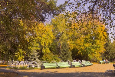 Şehir sonbahar Park banklar ile