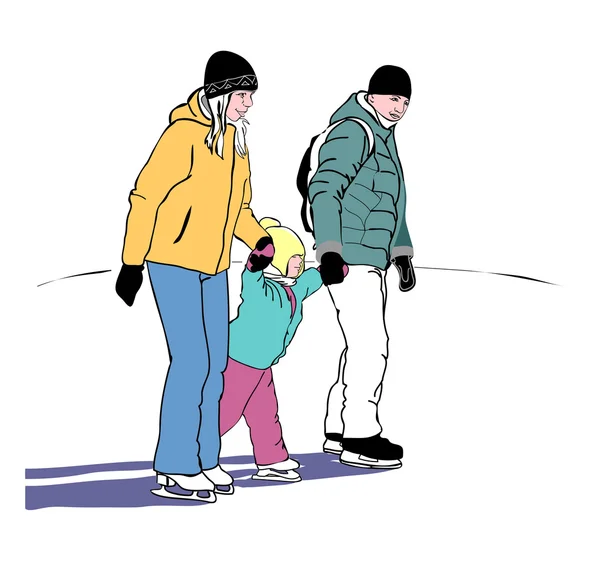 Giovani genitori con un bambino in inverno sul pattinaggio — Vettoriale Stock