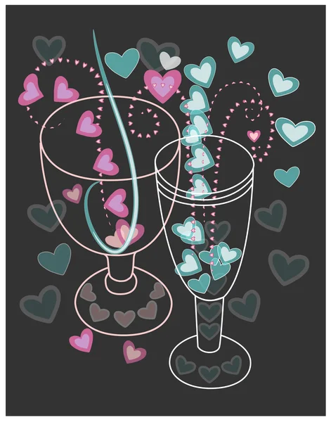 The meeting of two lovers.Champagne glasses with hearts on a dark background — Stock Vector