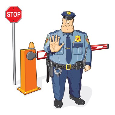 Policeman, barrier, stop sign. The ban, border, customs and immigration clipart