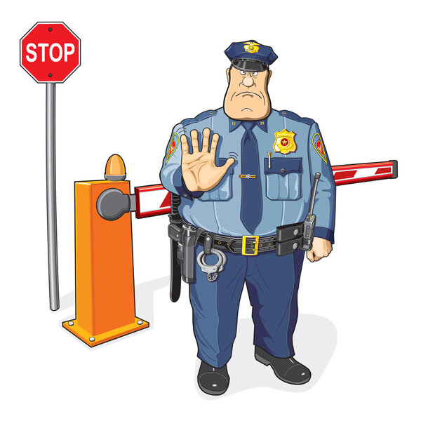 Policeman, barrier, stop sign. The ban, border, customs and immigration