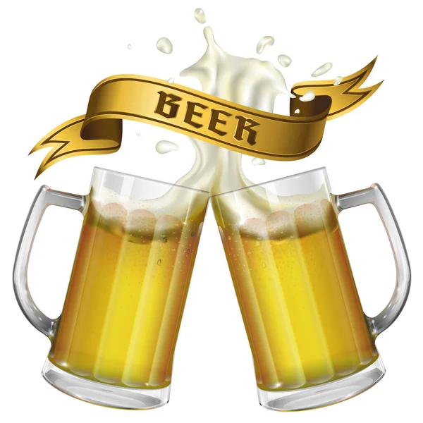 ビールとリボン付きの2つのマグカップの碑文 — ストックベクタ