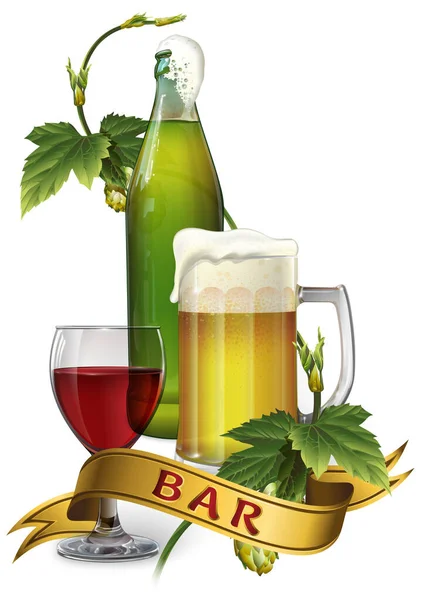 Biermok, fles, hop, glas wijn en lint — Stockvector