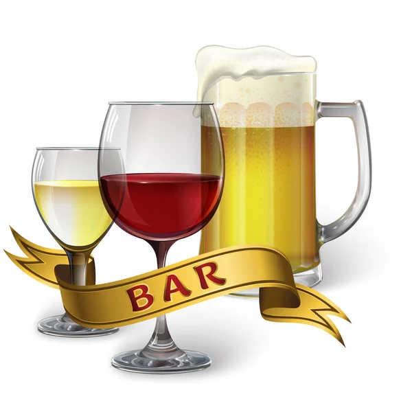 Glasbekers met wijn en bier en lint met opschrift — Stockvector