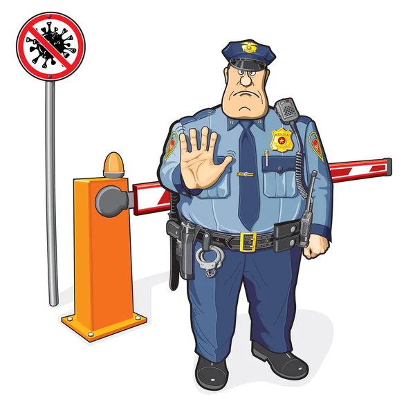 Panneau d'arrêt COVID-19 barrière et policier interdisent — Image vectorielle