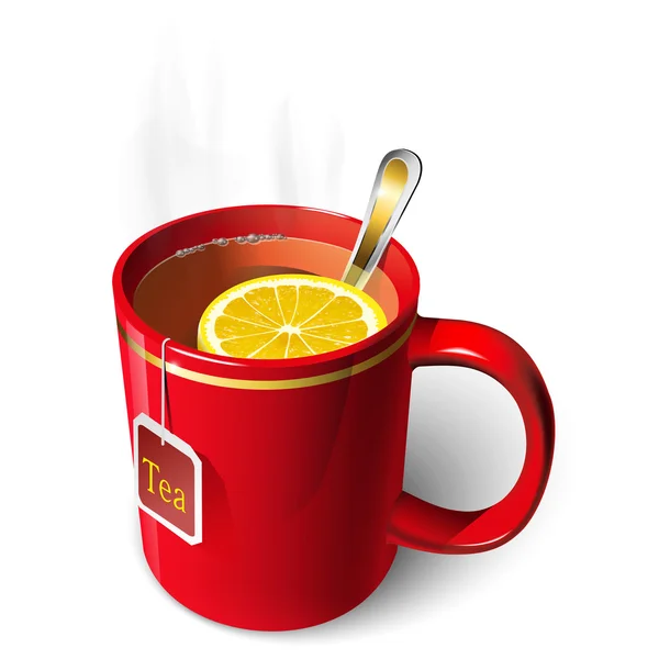 Tasse rouge de thé avec une tranche de citron — Image vectorielle