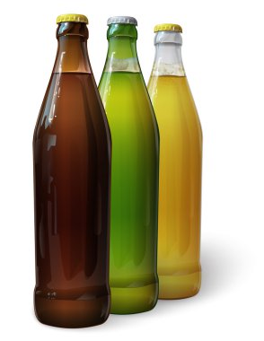 Bir şişe bira. Yeşil şişe bira. Kahverengi şişe bira. Cam şişe bira. Vektör