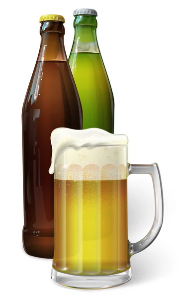 ビールつきマグカップ。ビールのグリーンのボトル。茶色のびんビール。ベクトル — ストックベクタ