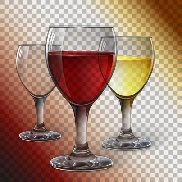 Verre verre à vin avec vin rouge, vin blanc, cidre. Un vecteur réaliste, transparent . — Image vectorielle