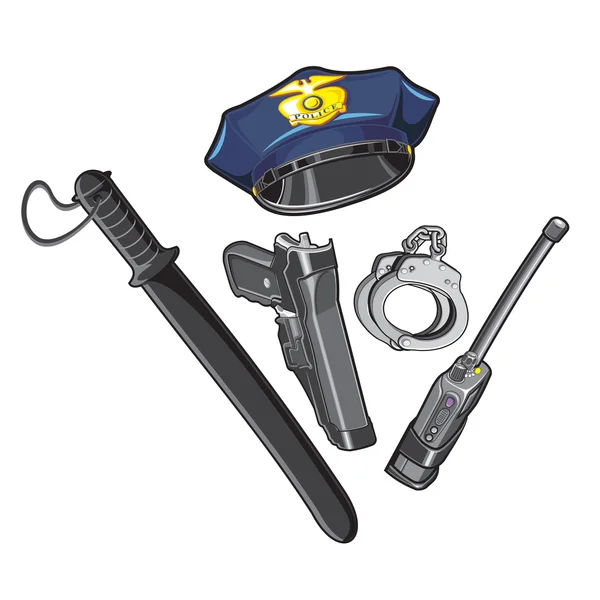 Полицейская шапочка, дубинка, наручники, рация — стоковый вектор