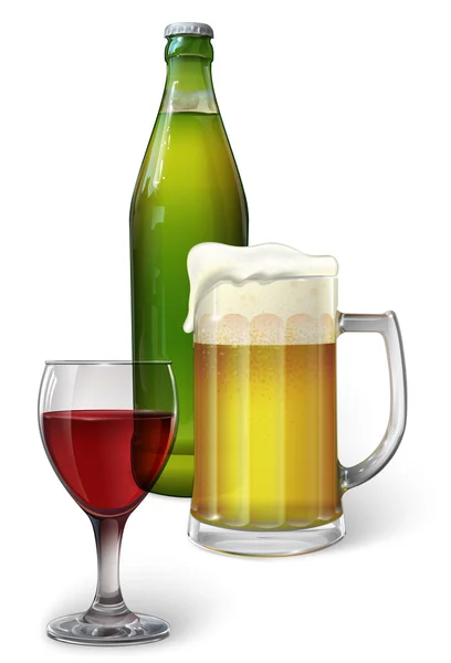 A mug of beer, a bottle of beer, a glass of red wine — Stock Vector