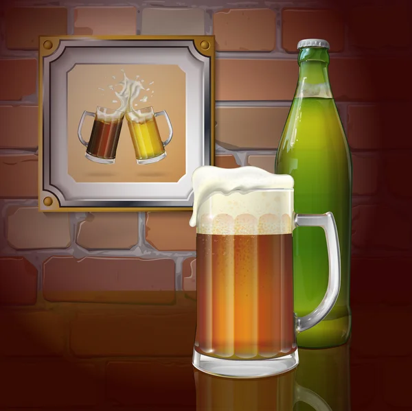 Bierpul, fles, bakstenen muur. Twee mokken van bier in het frame. Vector — Stockvector