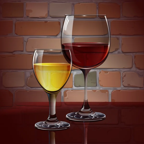 Verre verre à vin rouge, vin blanc, cocktail, cidre. Un réaliste, transparent. Un mur de briques. Vecteur . — Image vectorielle