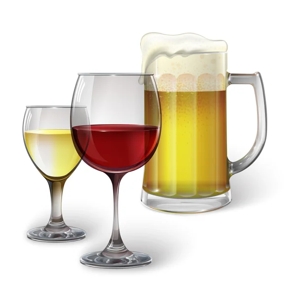 Cocktail glass, wine glass, mug with beer — Stock Vector