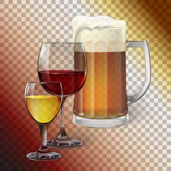 Copo de cocktail, copo de vinho, caneca com cerveja — Vetor de Stock