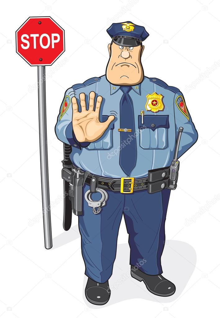 A policeman and a stop sign.