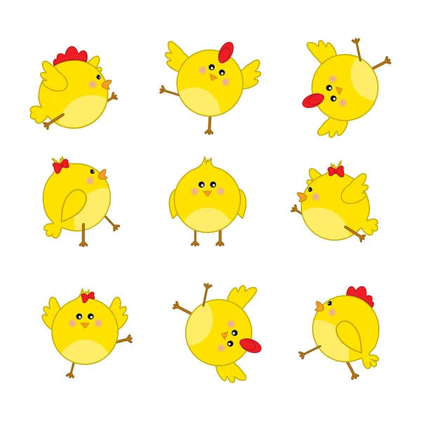 Conjunto de lindos pollos amarillos — Vector de stock
