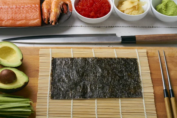 Φρέσκα Υλικά Για Ρολά Sushi Sashimi Maki — Φωτογραφία Αρχείου