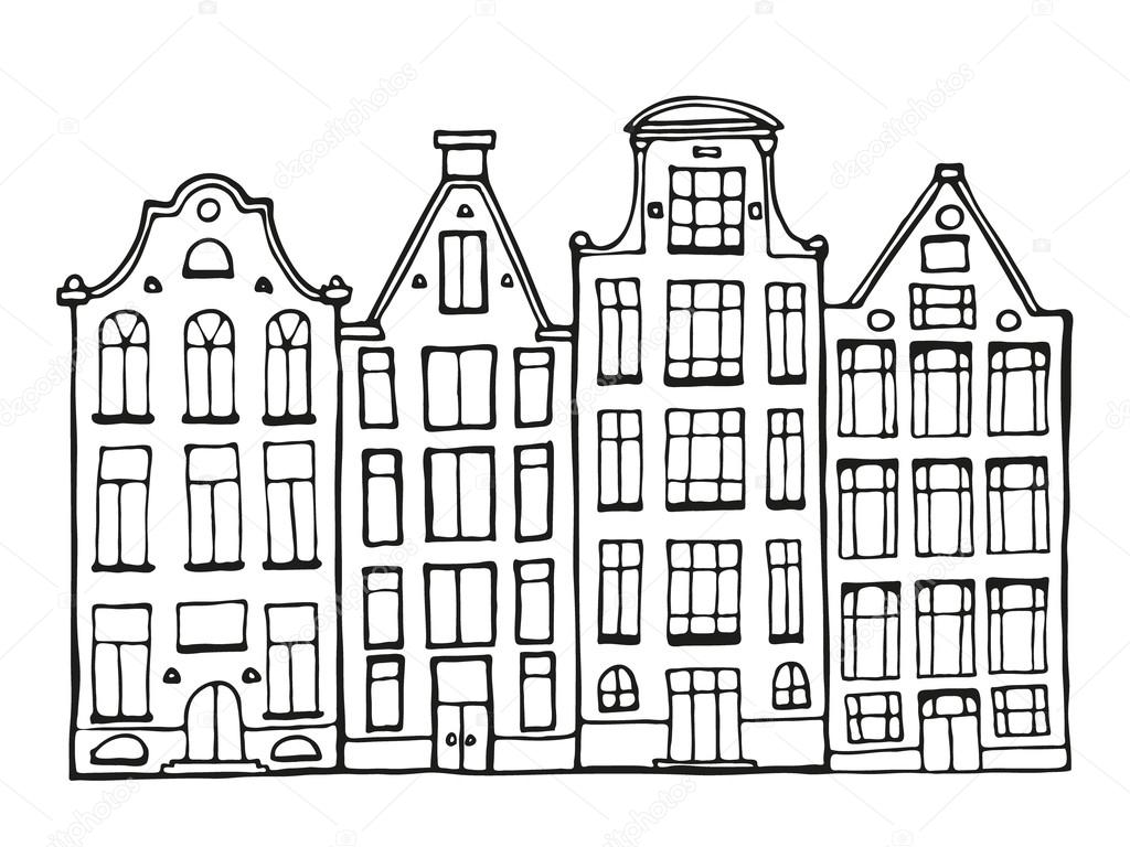 Hand drawn doodle scandinavian houses in black and white.  Netherlandish hous. Adult coloring page. Zentangle coloring book. Vector Illustration.