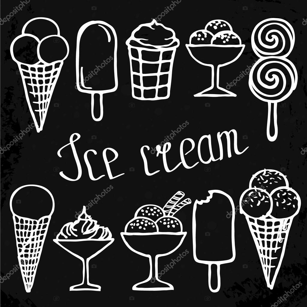 Ice cream icons set in sketch style. Ice cream logo doodle collection.  Hand drawn vector illustration