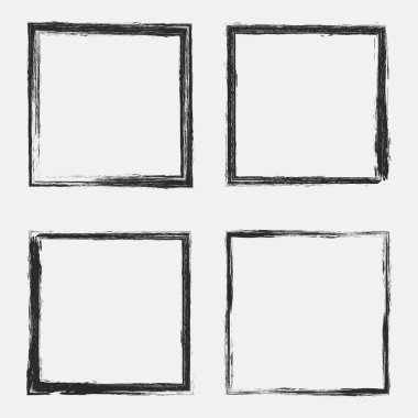 Siyah beyaz dört grunge kenar dokusuyla ayarlayın. Dokulu arka plan, çerçeve. Vektör şablonu.