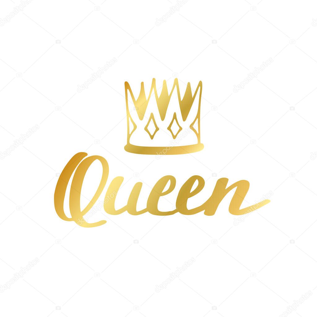 Queen print in simple hand drawn doodle style. Trendy inscription, handwritten slogan. Girly lettering design for t-shirt prints, phone cases, mugs or posters. Vintage vector illustration