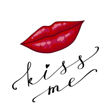 Dudaklar Öpücük ve el yazısı Öp Beni. Kırmızı dudak şekilli romantik bir arkaplan. Yazdır, Tebrik kartı veya poster tasarımı şablonu. Vektör çizimi. Beyazda izole edilmiş