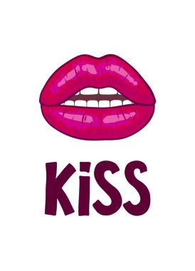 Öpücük ve el yazısı öpücüğü. Kırmızı dudak şekilli romantik bir arkaplan. Yazdır, Tebrik kartı veya poster tasarımı şablonu. Vektör çizimi. Beyazda izole edilmiş