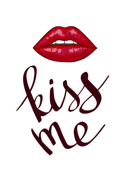 Lips Kiss Handschrift Tekst Kiss Romantische Achtergrond Met Rode Lip — Stockvector