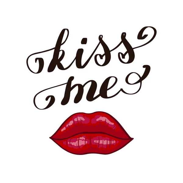 Lips Kiss Handschrift Tekst Kiss Romantische Achtergrond Met Rode Lip — Stockvector