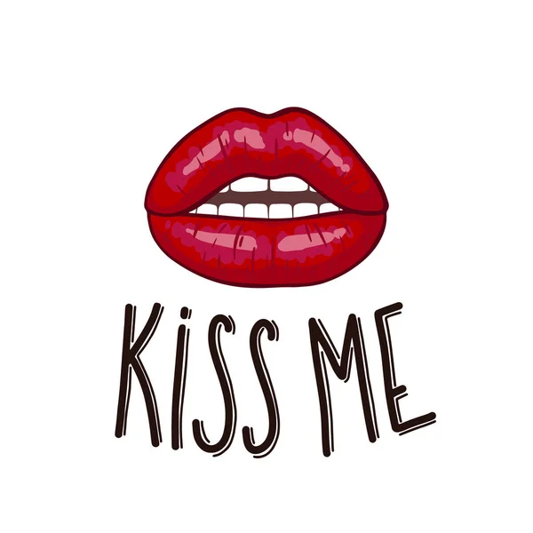 Lips Kiss Handschrift Tekst Kiss Romantische Achtergrond Met Rode Lip — Stockvector