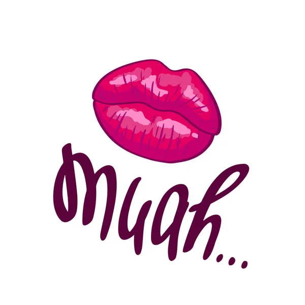 Lips Kiss Handschrift Tekst Muah Romantische Achtergrond Met Rode Lip — Stockvector