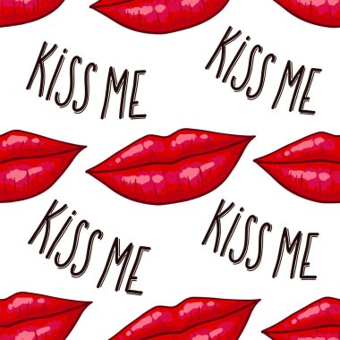 Beyaz arka planda dudakları pürüzsüz. Seksi kırmızı öpücük, makyaj. Vektör çizimi. Renkli çizgi film tarzı. Tekstil ve giysi tasarımları.
