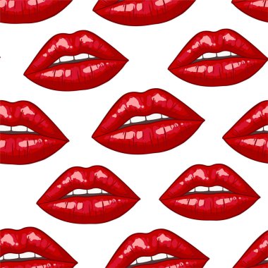 Beyaz arka planda, pop sanatında dudakları pürüzsüz. Seksi kadınlar kırmızı öpücük, makyaj. Vektör illüstrasyonu.