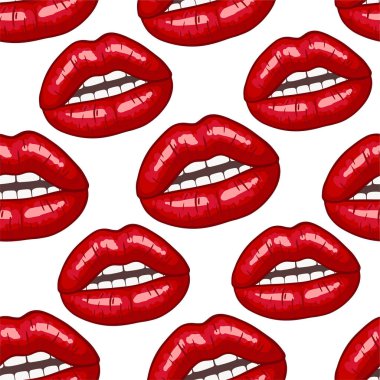 Beyaz arka planda, pop sanatında dudakları pürüzsüz. Seksi kadınlar kırmızı öpücük, makyaj. Vektör illüstrasyonu.