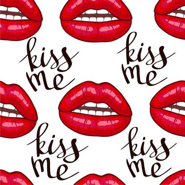 白い背景にシームレスなパターンを唇 セクシーな赤いキス メイク ベクトルイラスト カラフルな漫画スタイル 衣類のためのデザイン — ストックベクタ